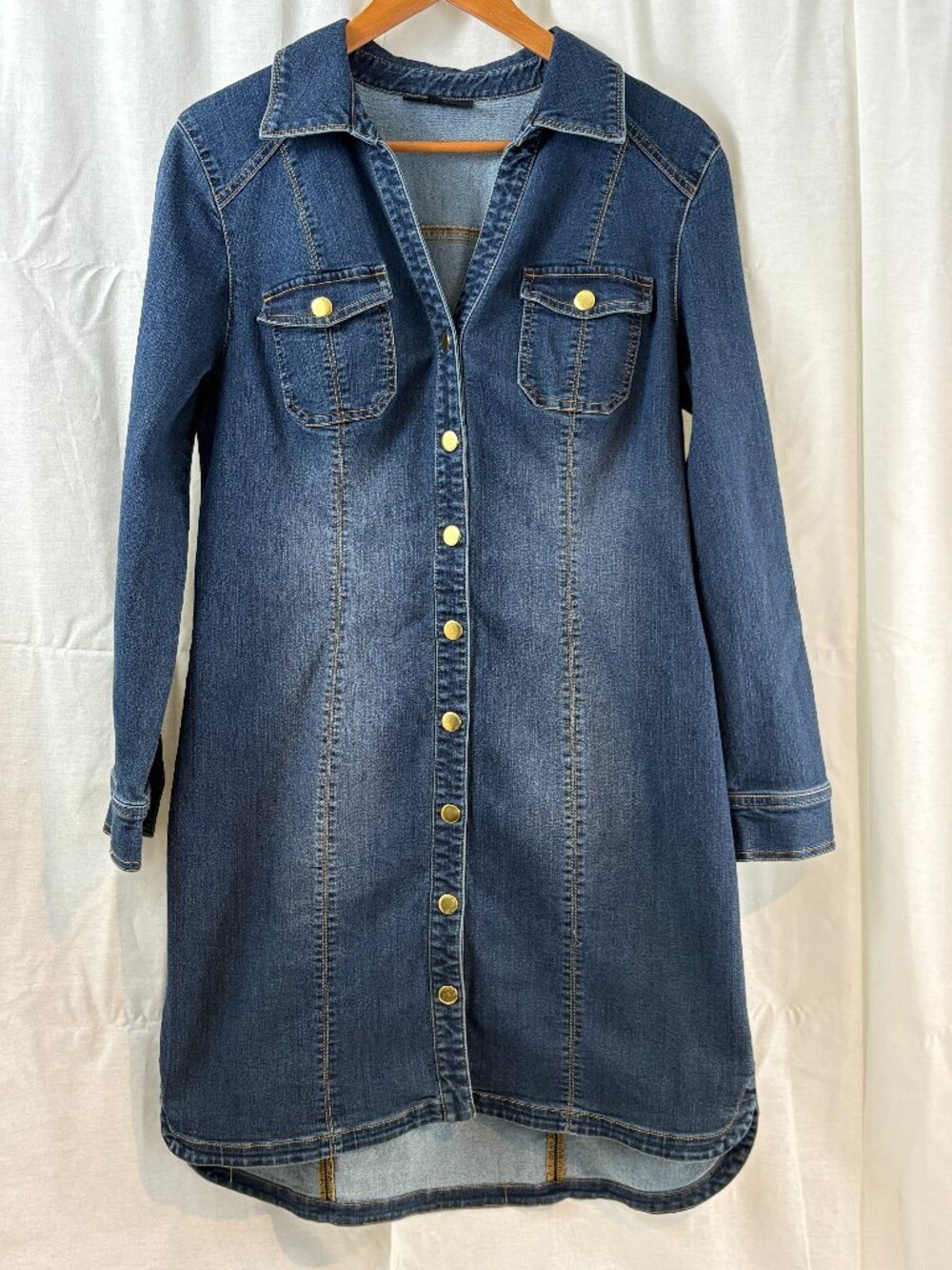 INC Gold Snap Western Denim Utility Shirt Dress 14